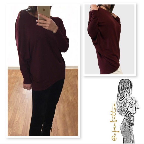 1 Left • Wine LS Dolman Sweater Top - Picture 3 of 4